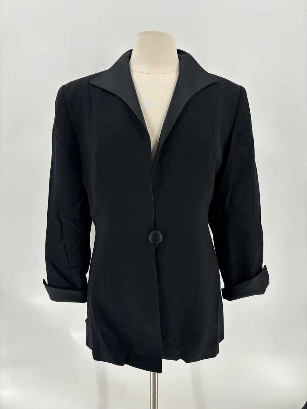 Vintage 80s Christian Dior Blazer Womens 12 Black 100% Wool Satin Collar Button